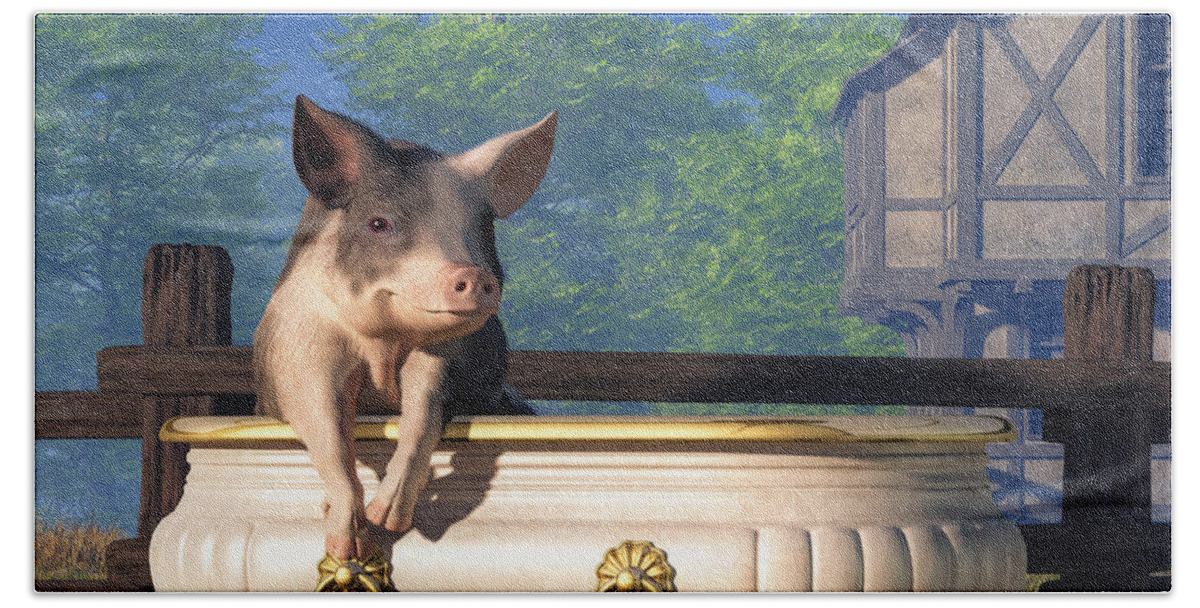 Pig In A Tub Bath Towel featuring the digital art Pig in a Bathtub by Daniel Eskridge