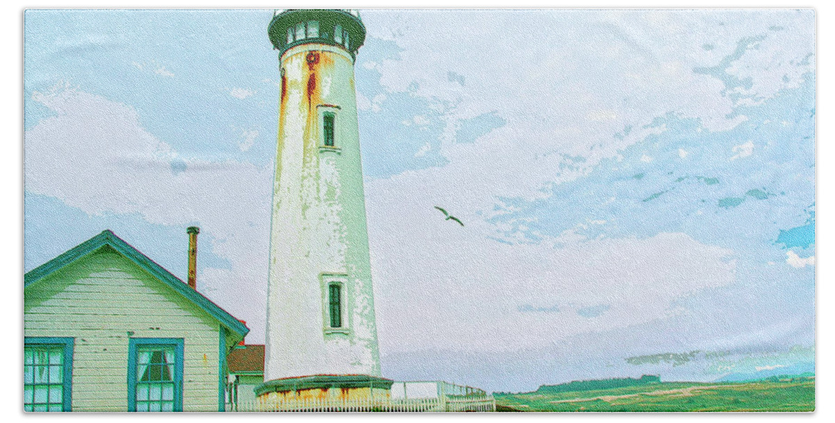 Pigeon Point Bath Towel featuring the mixed media Pigeon Point Lighthouse by Dominic Piperata