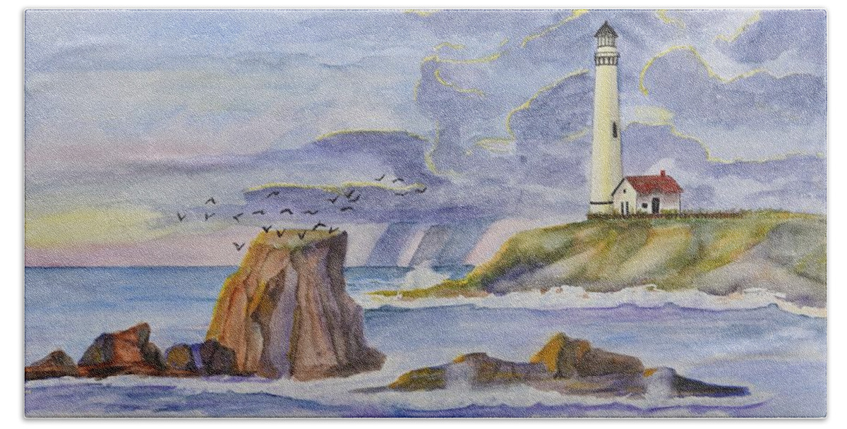 Linda Brody Hand Towel featuring the painting Pigeon Point Lighthouse by Linda Brody