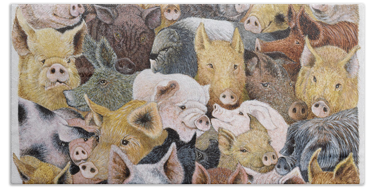 Pig Hand Towel featuring the painting Pigs Galore by Pat Scott