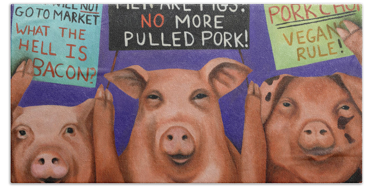 Pig Hand Towel featuring the painting Pigs On Strike by Leah Saulnier The Painting Maniac