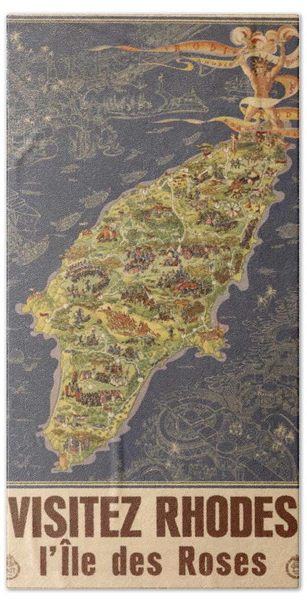 Islands Of Rhodes Hand Towel featuring the mixed media Piictorial Map of the Island of Rhodes - Rose Island - Island of the sun - Antique Map by Studio Grafiikka