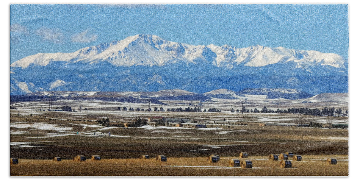 Colorado Bath Towel featuring the photograph Pikes Peak and Hay Bales by Dawn Key