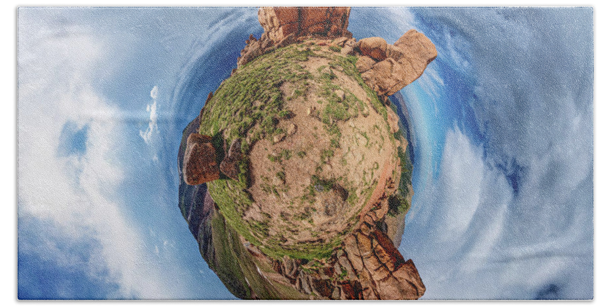 American West Bath Towel featuring the photograph Pikes Peak Tiny Planet #1 by Chris Bordeleau