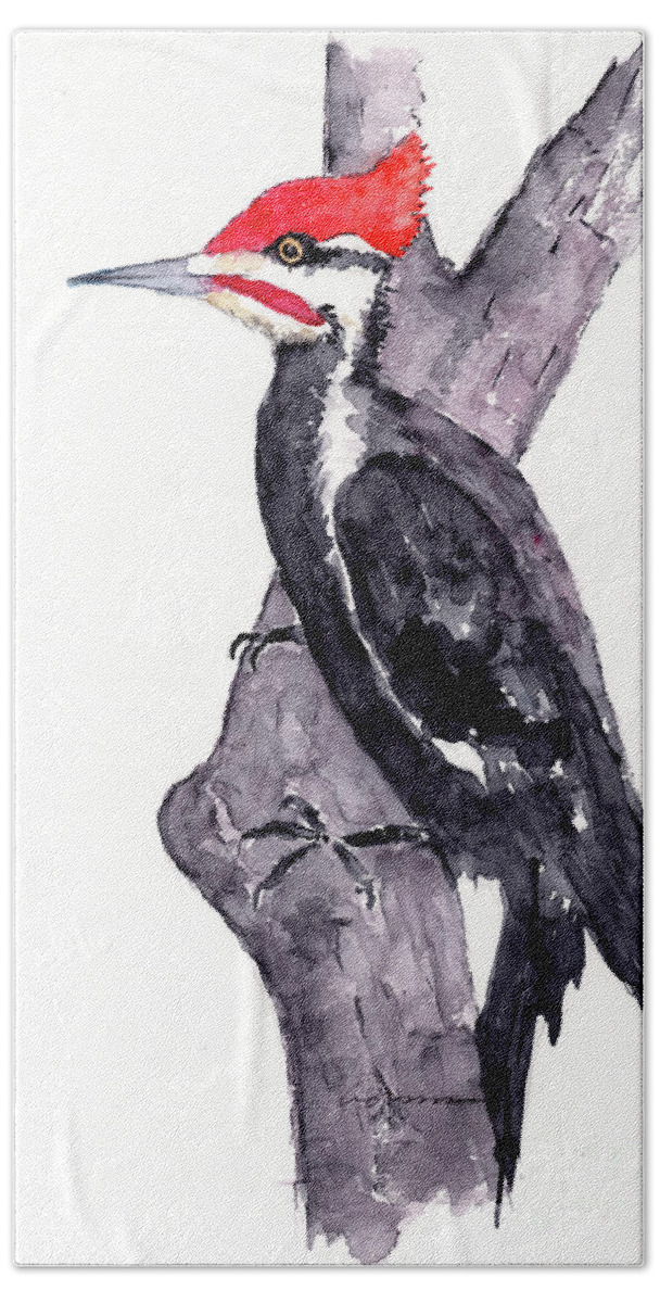 Woodpecker Bath Sheet featuring the painting Pileated Woodpecker in tree by Claudia Hafner