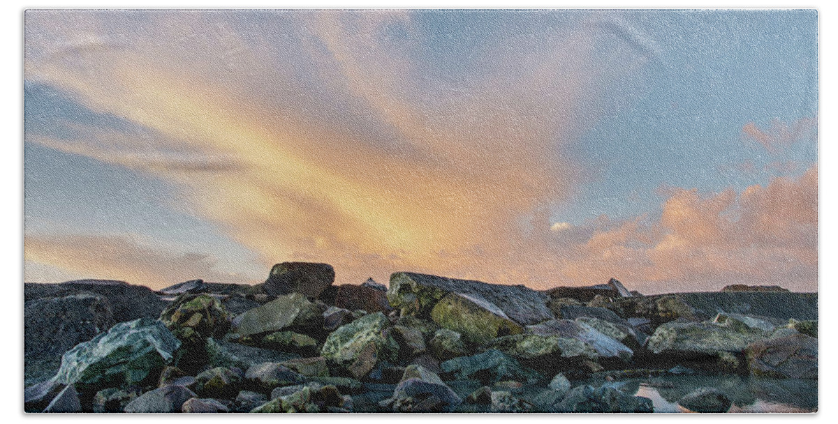 North Jetty Hand Towel featuring the photograph Piles of Rocks and the Dawn by Greg Nyquist