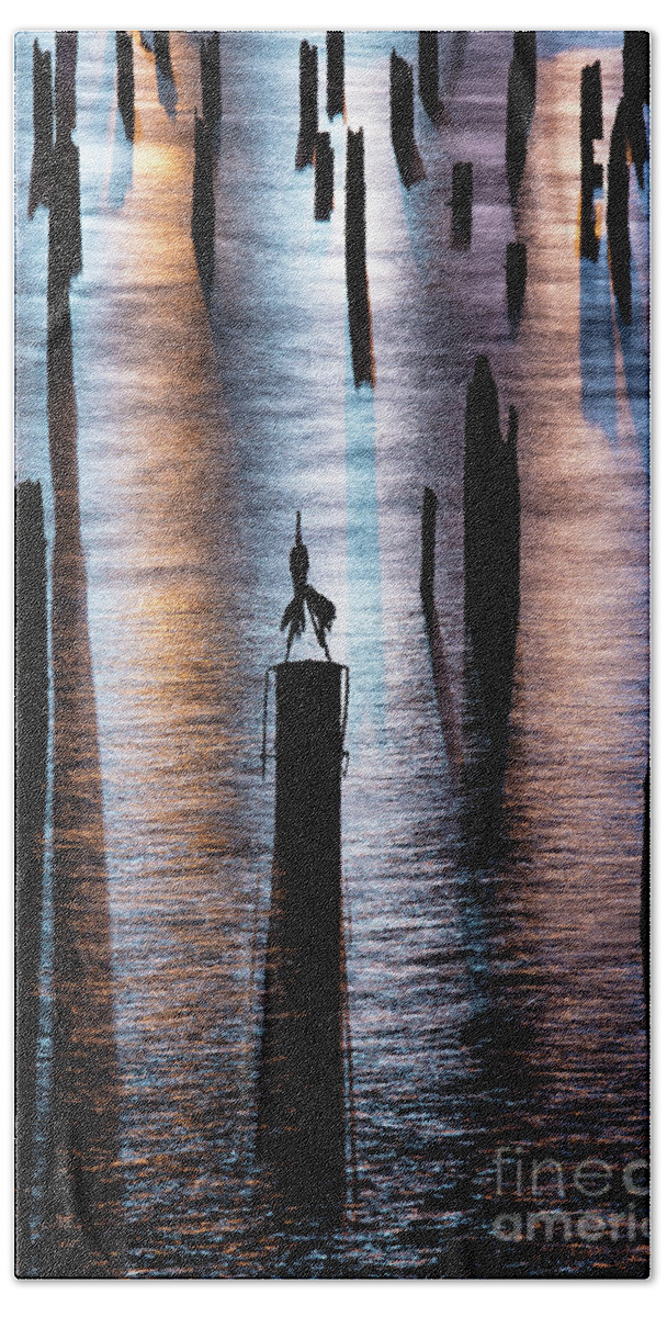 Astoria Bath Towel featuring the photograph Pilings at night by Patti Schulze