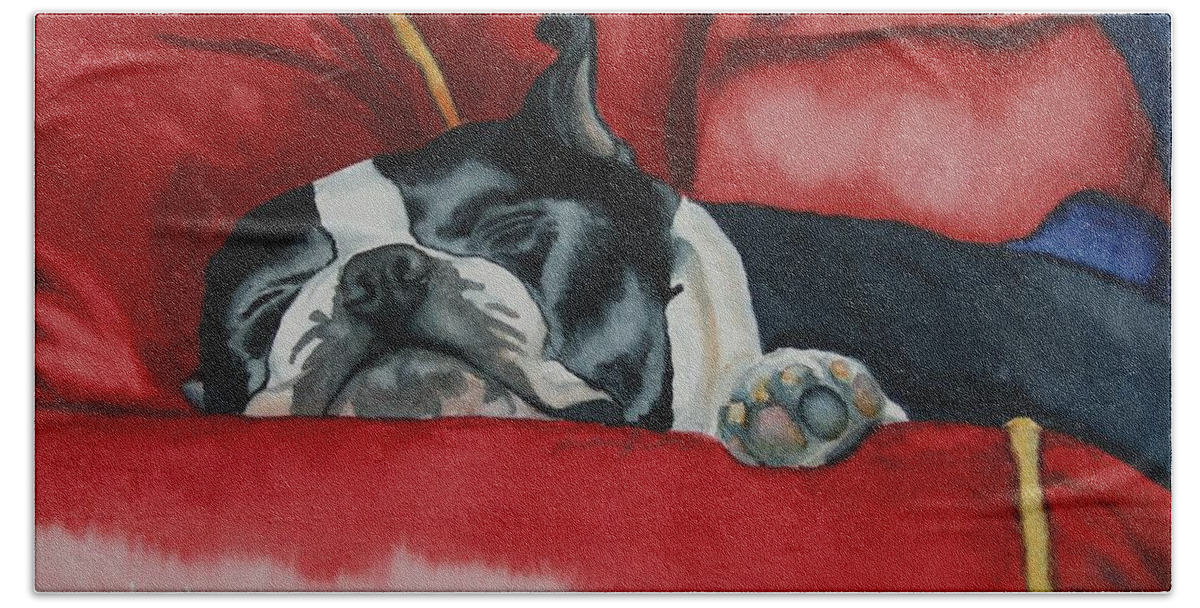 Boston Terrier Bath Towel featuring the painting Pillow Pup by Susan Herber