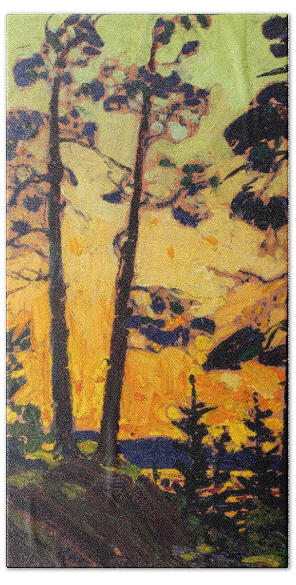 20th Century Art Bath Towel featuring the painting Pine Trees at Sunset by Tom Thomson