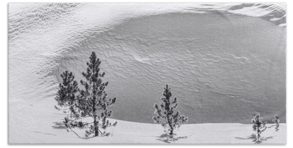 Snow Hand Towel featuring the photograph Pines in Snow Drifts Black and White by Stephen Johnson