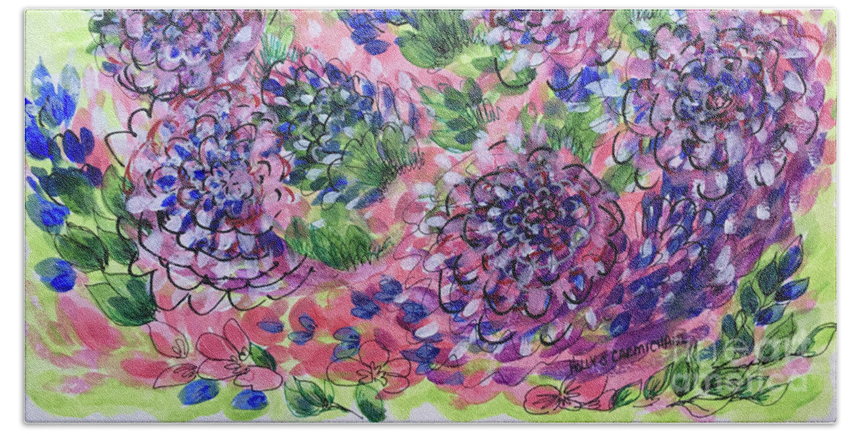Pink Hand Towel featuring the painting Pink and Blue Flower Flurry by Holly Carmichael