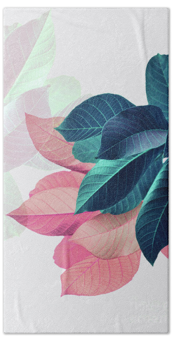 Pink Bath Towel featuring the digital art Pink and Blue Leaves by PrintsProject