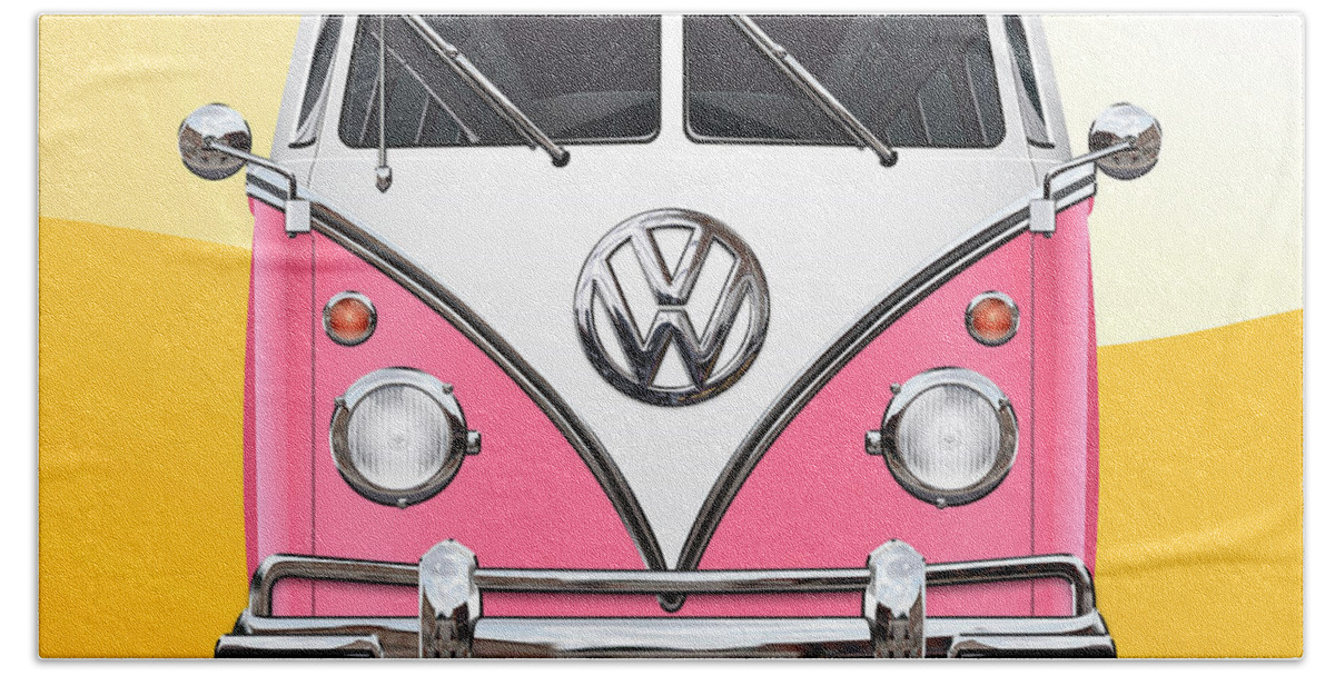 'volkswagen Type 2' Collection By Serge Averbukh Hand Towel featuring the photograph Pink and White Volkswagen T 1 Samba Bus on Yellow by Serge Averbukh