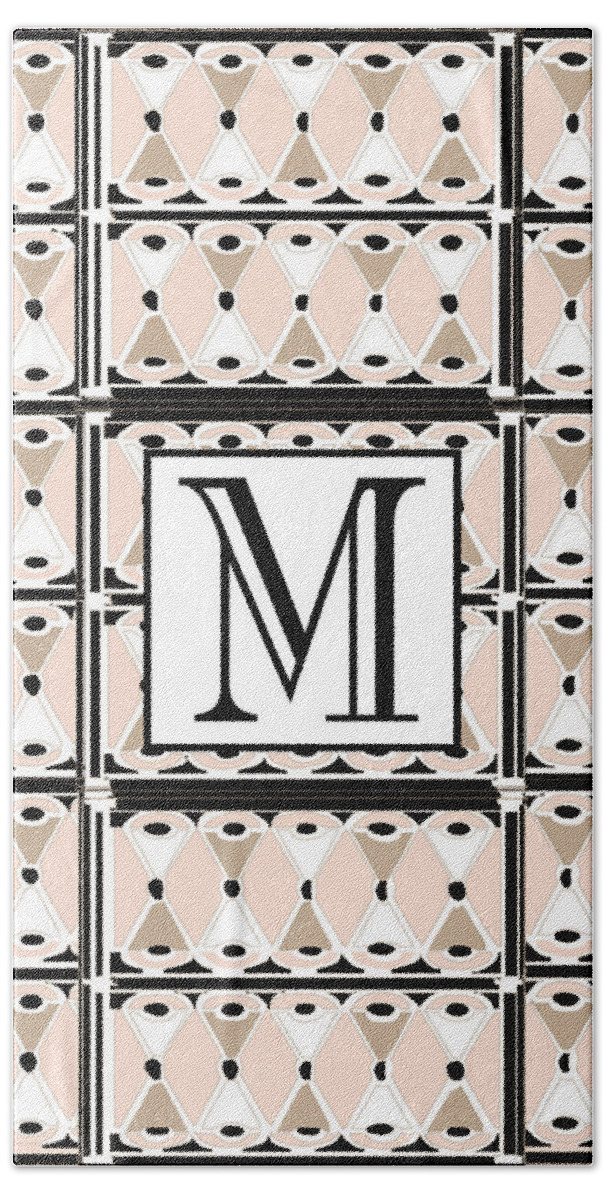 Art Deco Hand Towel featuring the digital art Pink Champagne Deco Monogram M by Cecely Bloom