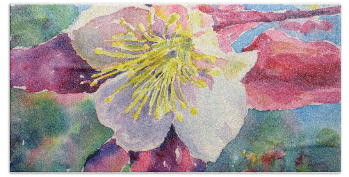 Pink Hand Towel featuring the painting Pink Columbine by Corynne Hilbert