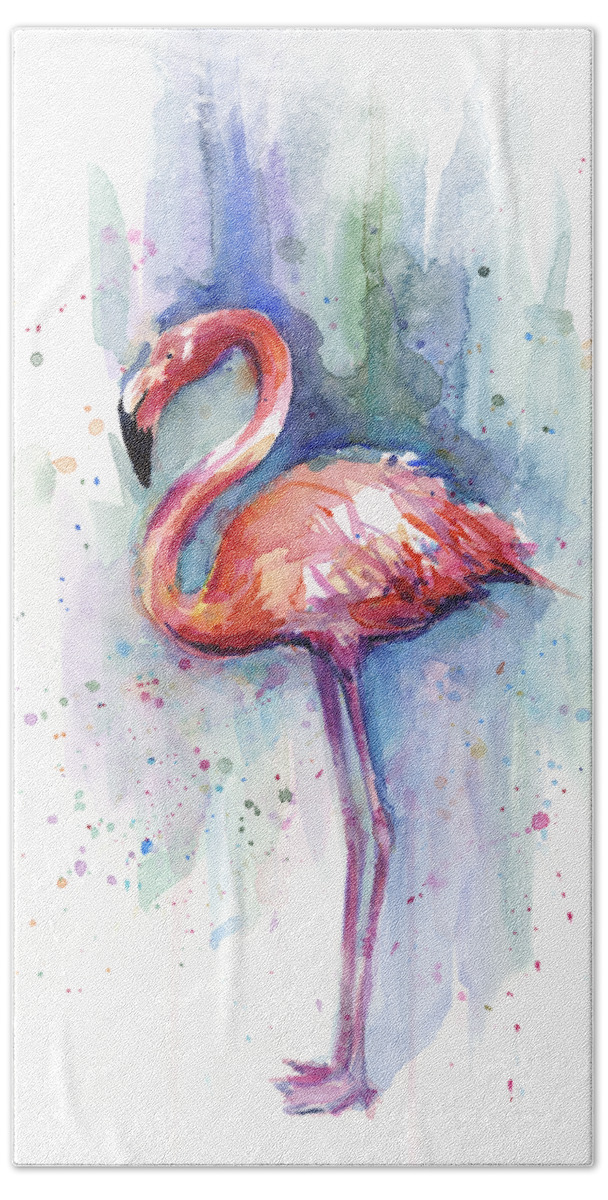 Watercolor Hand Towel featuring the painting Pink Flamingo Watercolor by Olga Shvartsur
