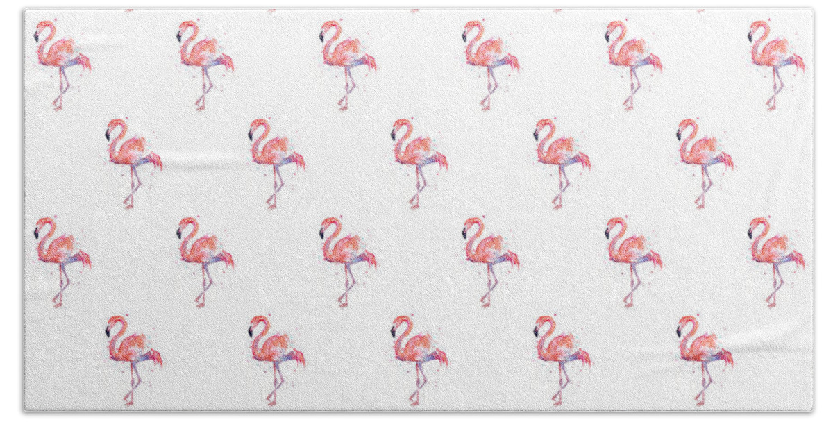 Pink Bath Towel featuring the painting Pink Flamingo Watercolor Pattern by Olga Shvartsur