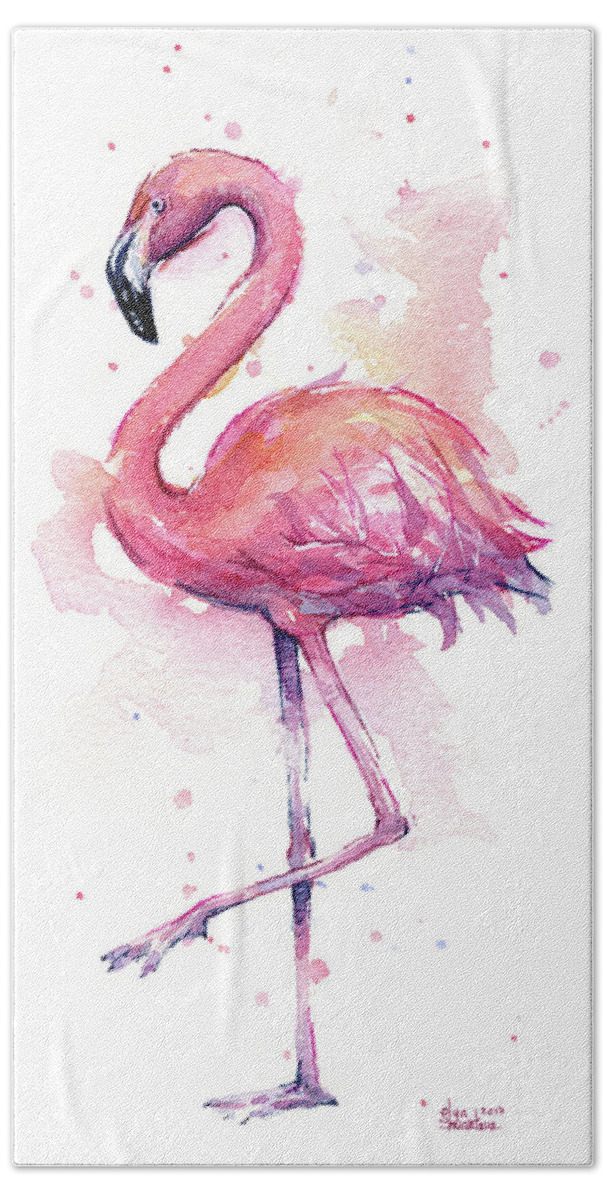 Flamingo Hand Towel featuring the painting Pink Flamingo Watercolor Tropical Bird by Olga Shvartsur