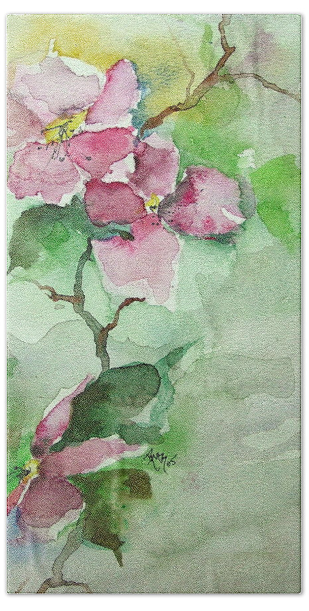 Pink Flowers Bath Towel featuring the painting Pink Flowers on Branch by Robin Miller-Bookhout
