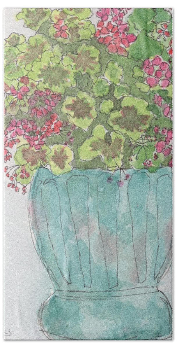 Watercolor Hand Towel featuring the painting Pink Geraniums by Marcy Brennan