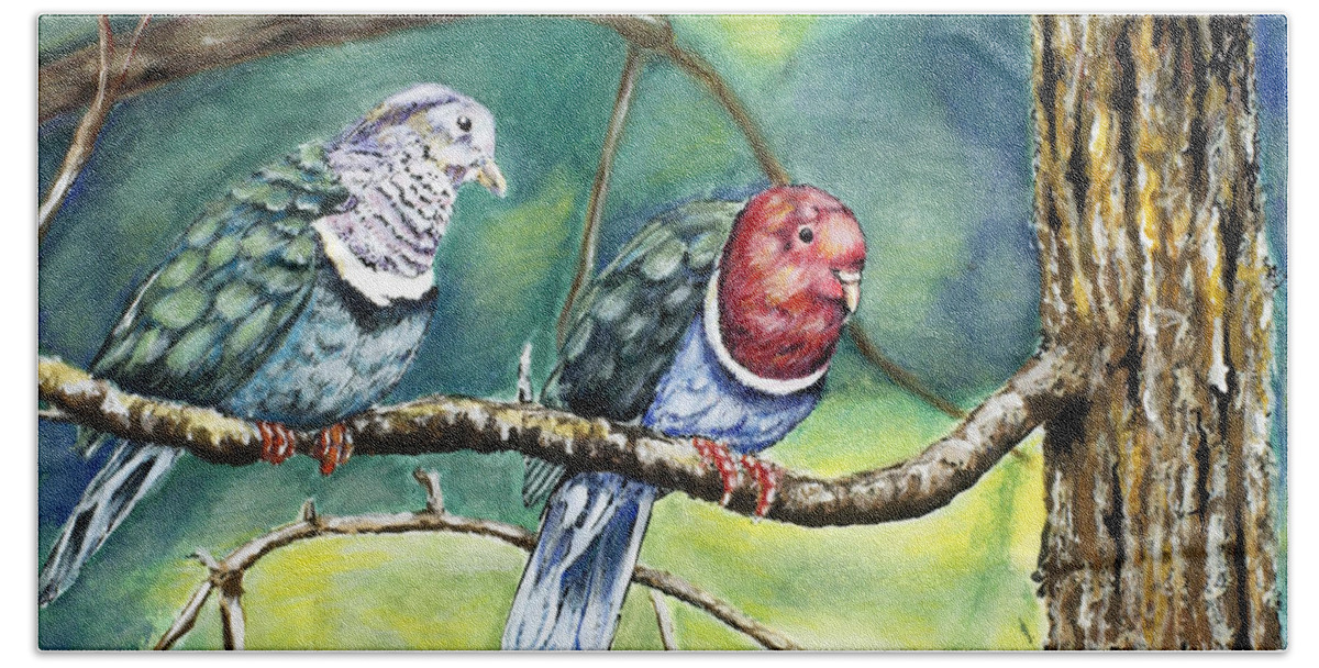 Dove Hand Towel featuring the painting Pink Neck Fruit Doves by Thomas Hamm
