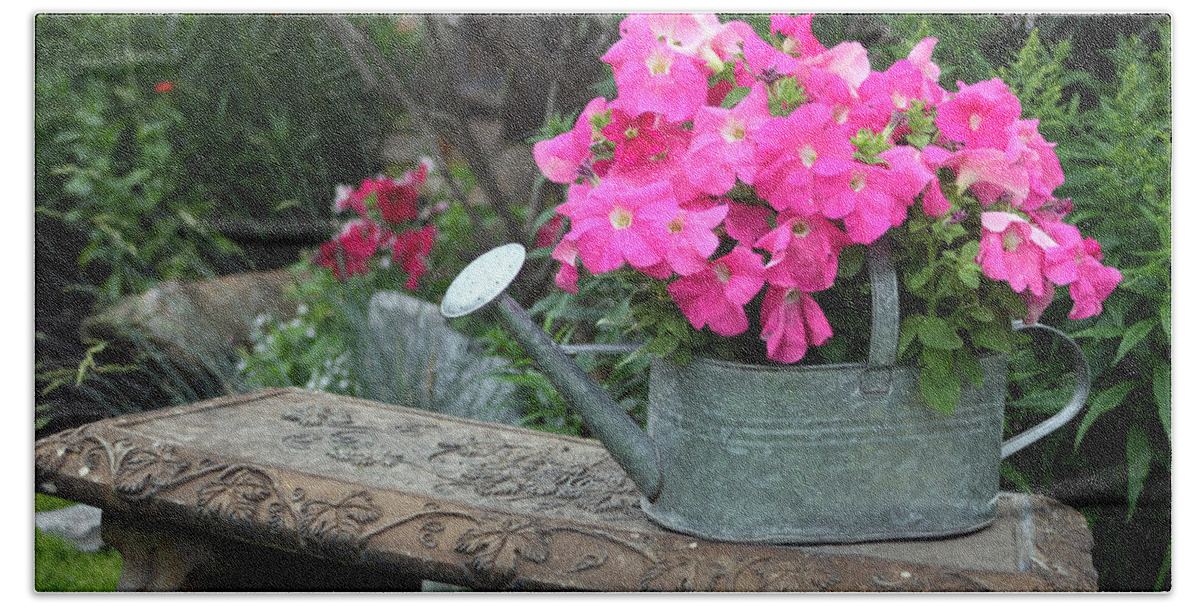 Petunias Bath Towel featuring the photograph Pink Petunias In Watering Can by Sandra Foster