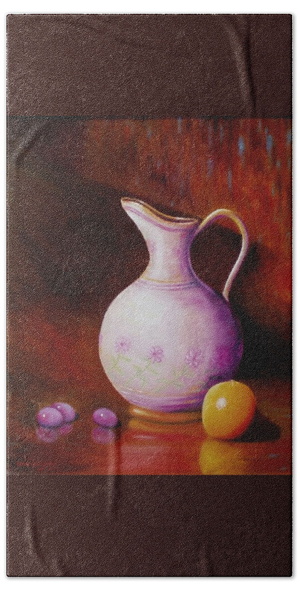 Still Life Bath Towel featuring the painting Pink pitcher by Gene Gregory