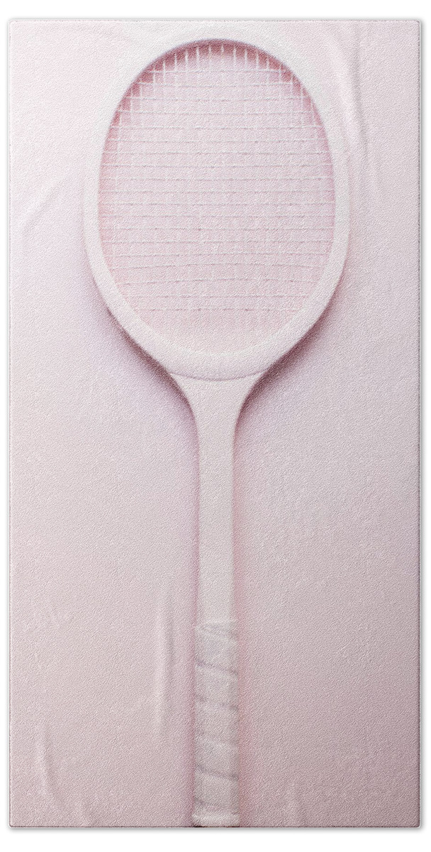Racket Bath Towel featuring the photograph Pink racket tennis. Vintage sport by Andrey A