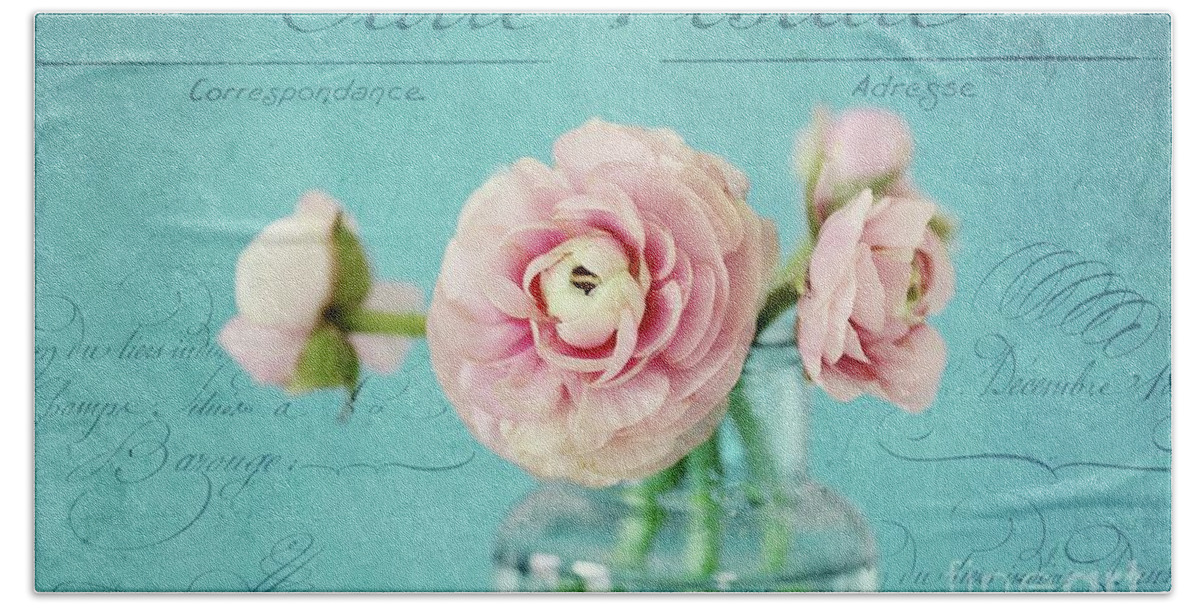 Ranunculus Bath Towel featuring the photograph Pink Ranunculus With Text by Sylvia Cook
