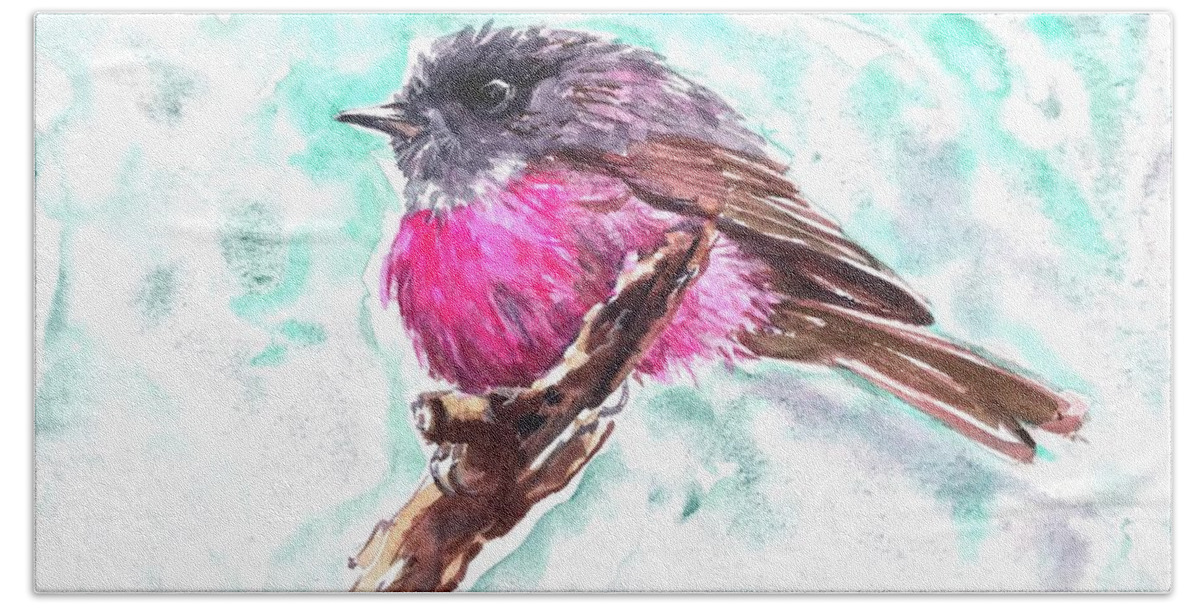 Bird Hand Towel featuring the painting Pink Robin by Chris Hobel