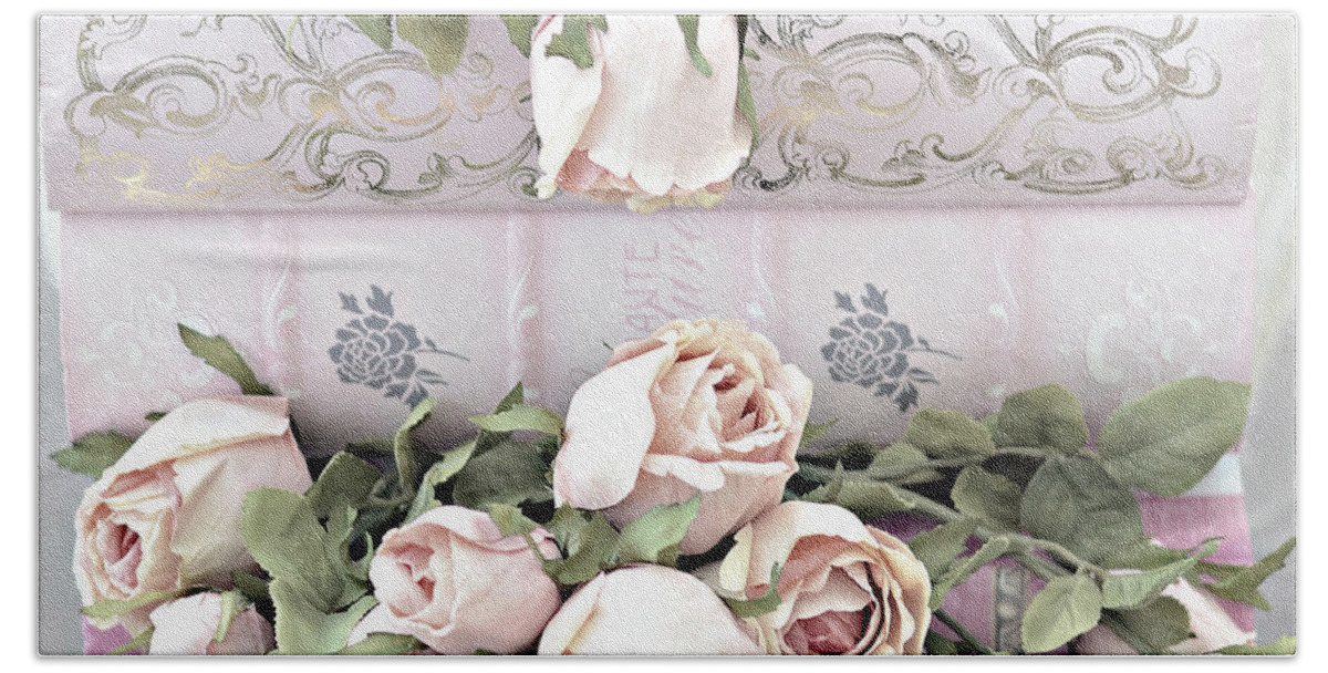 Pink Roses Photography Bath Towel featuring the photograph Pink Shabby Chic Roses On Pink Cottage Books - Shabby Cottage Pink Roses Home Decor by Kathy Fornal