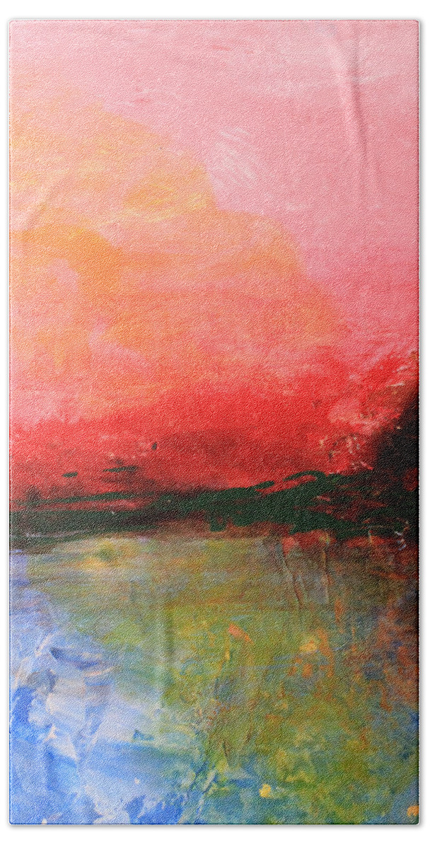 Pink Hand Towel featuring the painting Pink Sky over Water Abstract by April Burton