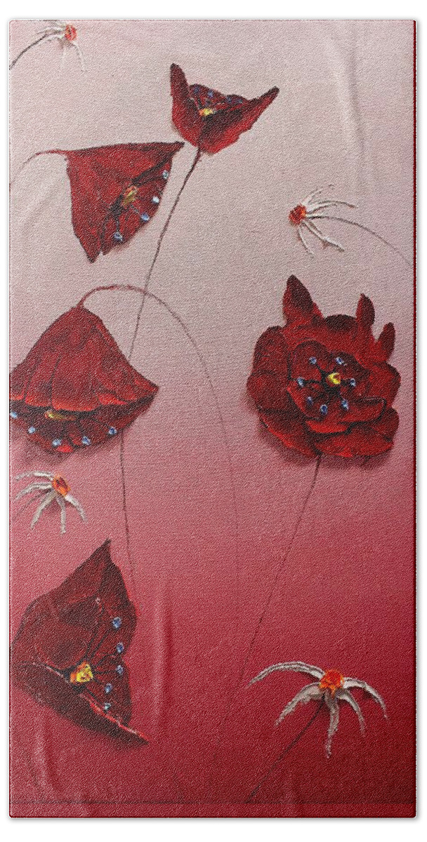  Hand Towel featuring the painting Pink Sky Poppies #17 by James Dunbar