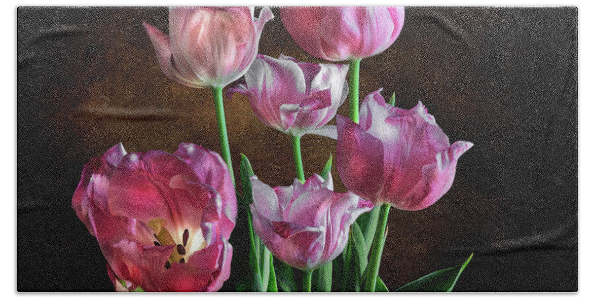 Pink Tulips Bath Towel featuring the photograph Pink Tulips by Endre Balogh
