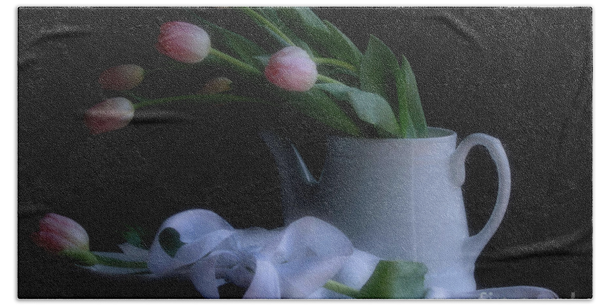 Pink Tulip Bath Sheet featuring the photograph Pink Tulips And White Teapot by Luv Photography