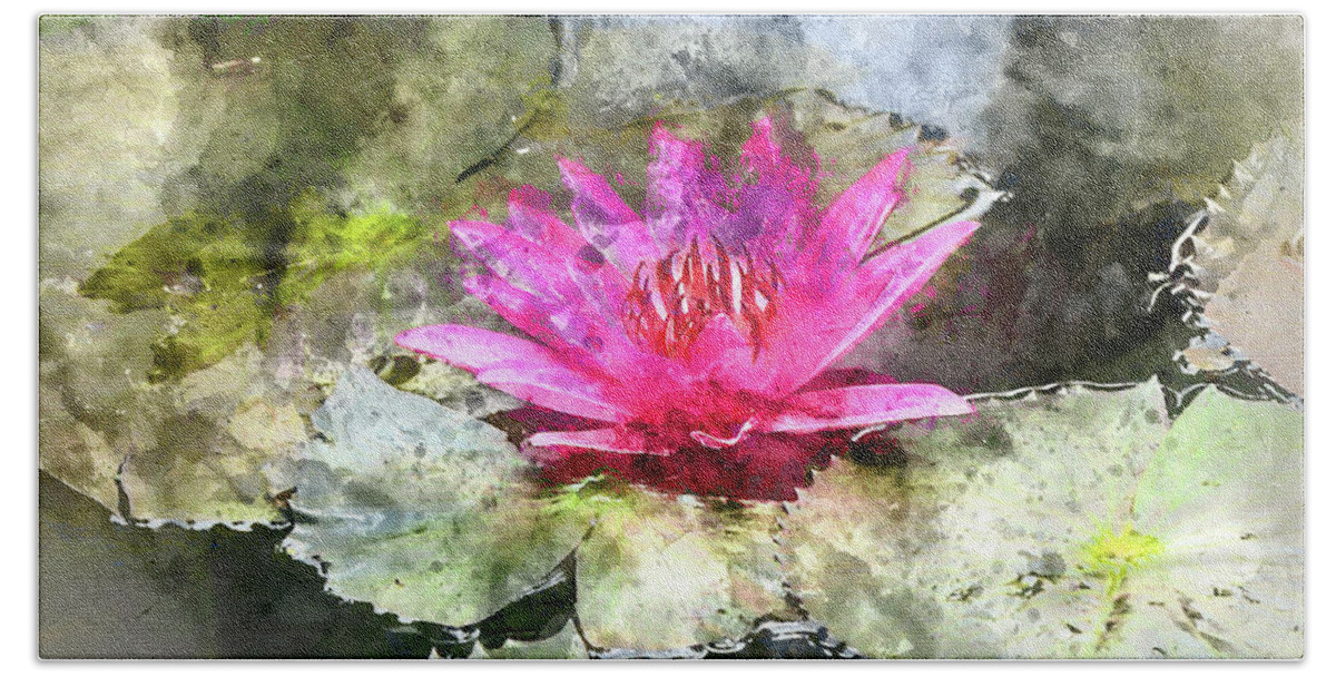 Flower Bath Towel featuring the photograph Pink Water Lilly with Digital Art Watercoloring by Brandon Bourdages