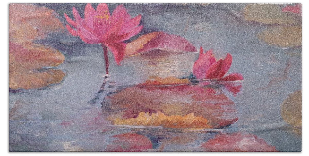 Waterlilies Hand Towel featuring the painting Pink waterlilies by Vali Irina Ciobanu