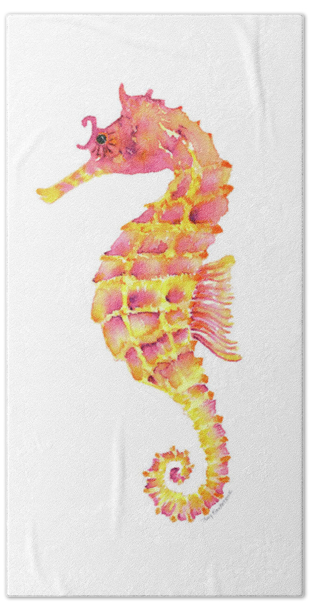 Seahorse Painting Hand Towel featuring the painting Pink Yellow Seahorse - Square by Amy Kirkpatrick