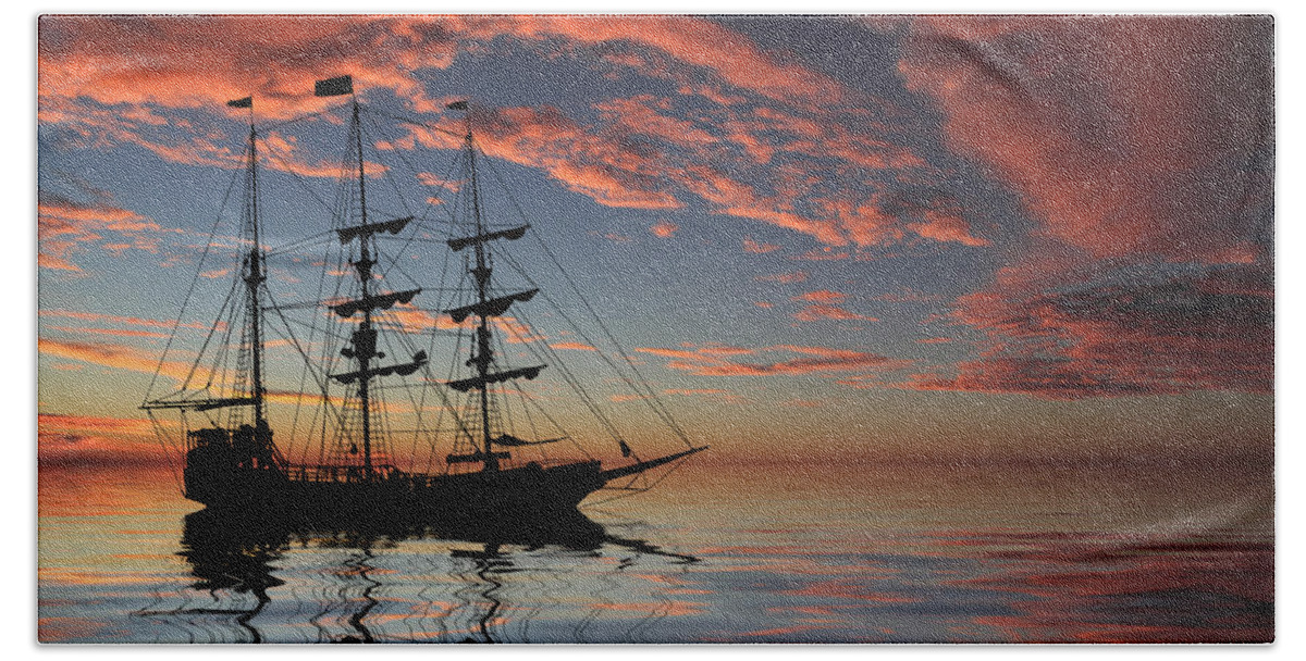 Pirate Ship Bath Towel featuring the photograph Pirate Ship at Sunset by Shane Bechler