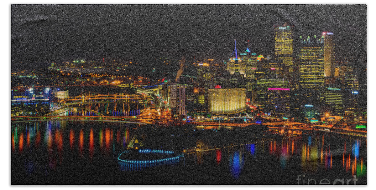 Pittsburgh Hand Towel featuring the photograph Pittsburgh Pennsylvania city skyline at night by Amy Cicconi