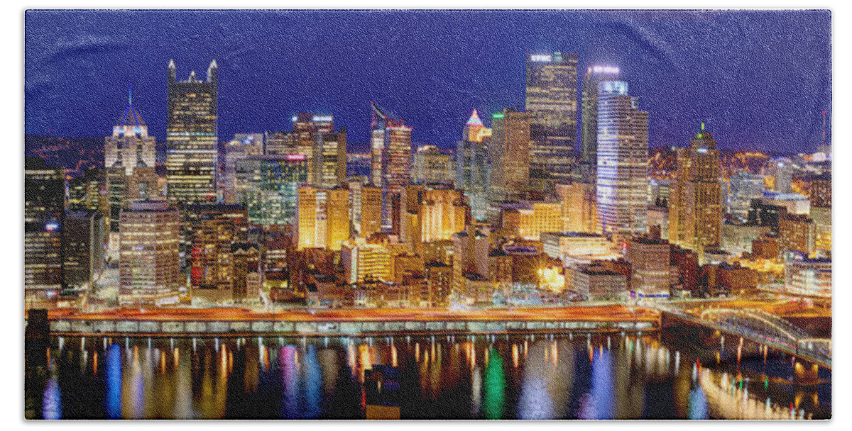 Pittsburgh Skyline At Night Hand Towel featuring the photograph Pittsburgh Pennsylvania Skyline at Night Panorama by Jon Holiday