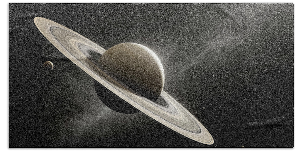 Saturn Hand Towel featuring the photograph Planet Saturn with major moons by Johan Swanepoel