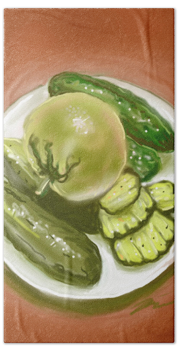 Pickles Bath Towel featuring the painting Plate of Pickles by Jean Pacheco Ravinski