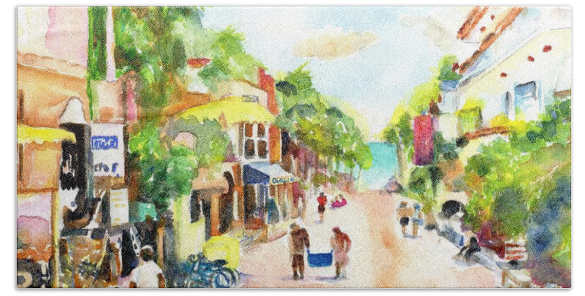 Playa Del Carmen Hand Towel featuring the painting Playa del Carmen Mexico Shops by Carlin Blahnik CarlinArtWatercolor