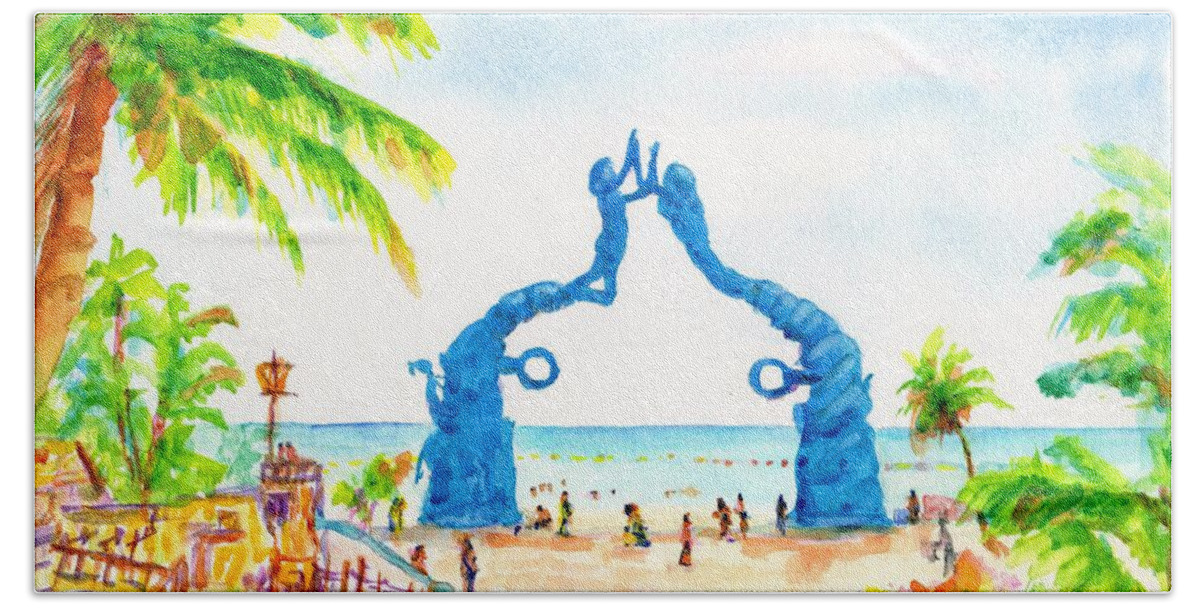 Playa Del Carmen Hand Towel featuring the painting Playa del Carmen Portal Maya Statue by Carlin Blahnik CarlinArtWatercolor