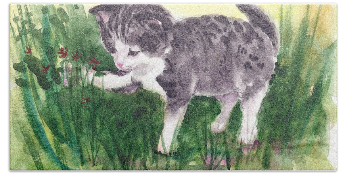 Kitten Bath Towel featuring the painting Playful Kitten by Asha Sudhaker Shenoy