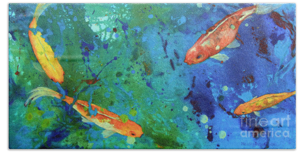 Top Artist Bath Towel featuring the painting Playful Koi by Sharon Nelson-Bianco