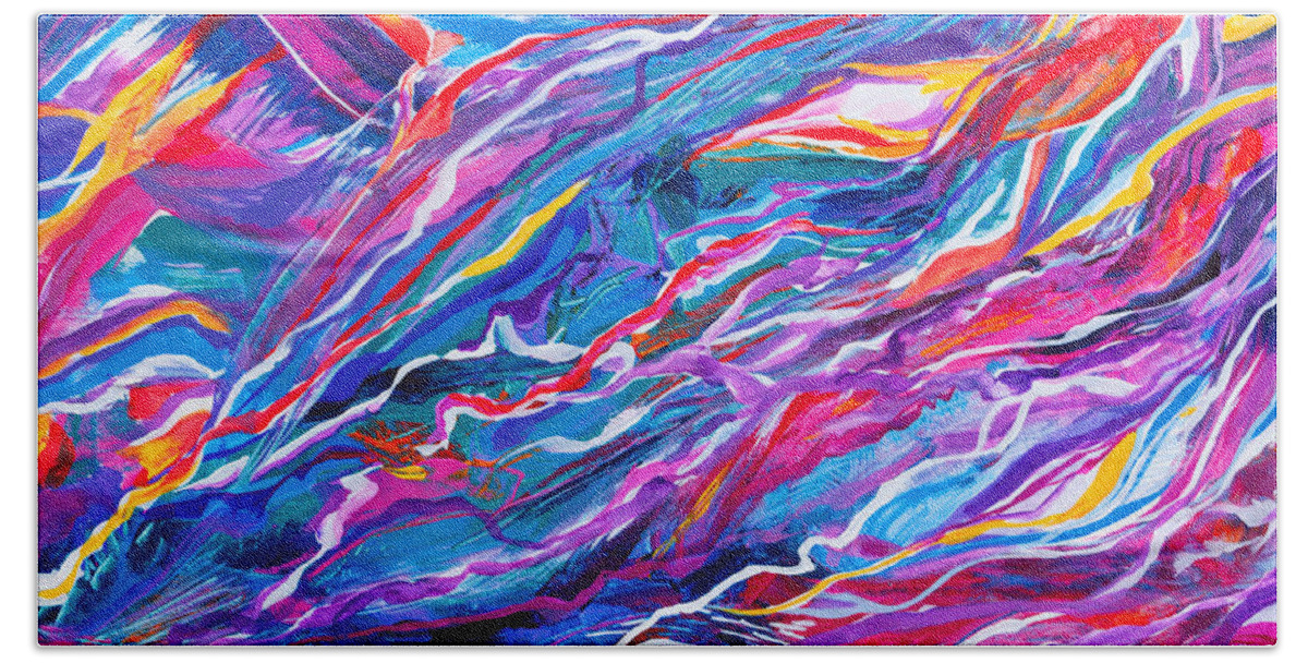 Filaments Lines Strokes Rushing Water Full Of Vibrant Color And Dynamic Movement Energy Contemporary Original Abstract Hand Towel featuring the painting Playful stream by Priscilla Batzell Expressionist Art Studio Gallery
