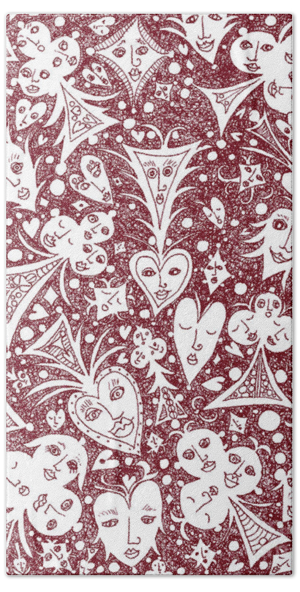 Lise Winne Bath Towel featuring the drawing Playing Card Symbols with Faces in Red by Lise Winne