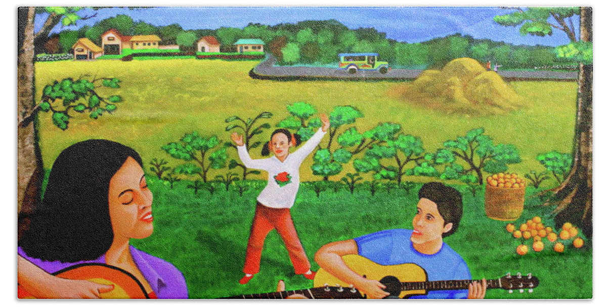 All Products Bath Towel featuring the painting Playing Melodies Under the Shade of Trees by Lorna Maza
